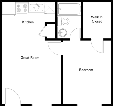 A floor plan of a house with a kitchen, great room, bedroom, and walk-in closet.